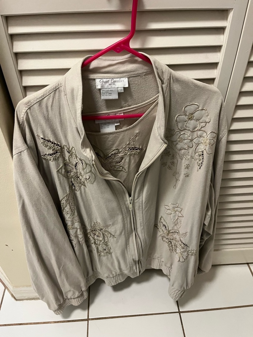 Women's Embroidered Zip Jacket set with matching short sleeve shirt in Beige